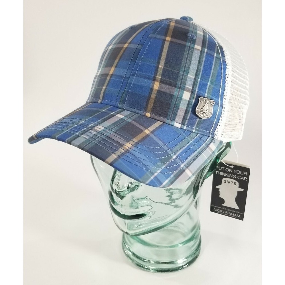 Nick Graham Post-Prep Coastal Blue Plaid Mesh Trucker Golf Fish Snap Back Hat